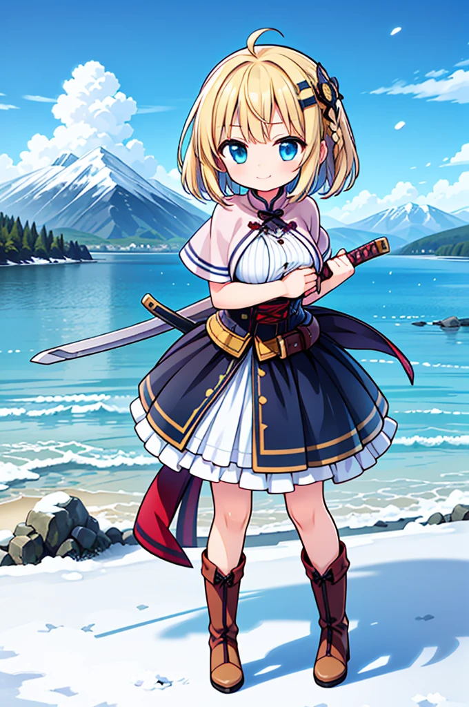 Fantasy,((Masterpiece)),((high resolution)),((Best Quality)),Anime illustration,((1girl)),(ウェーブがかったshort hair),(short hair),(Dark green hair),Braid,Large round light blue eyes,Droopy eyes,12 years old,baby face and big breasts,(very big breasts),(child),Short stature,,sleeveless white blouse,Blue mini skirt,slit,Brown corset,brown capelet,smile,Golden hair ornament,Brown long boots,blue sky,Snow Mountain,Full body image,battoujutsu,