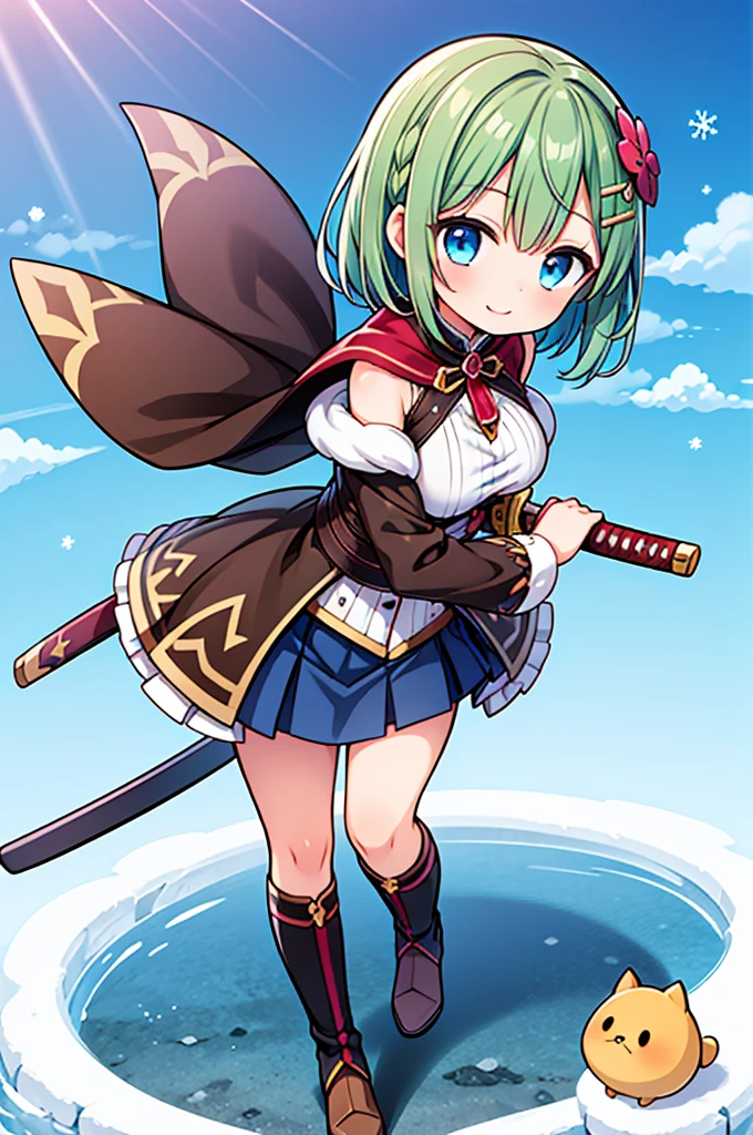 Fantasy,((Masterpiece)),((high resolution)),((Best Quality)),Anime illustration,((1girl)),(ウェーブがかったshort hair),(short hair),(Dark green hair),Braid,Large round light blue eyes,Droopy eyes,,baby face anasts,(very big breasts),(child),Short stature,veless white blouse,Blue mini skirt,slit,Brown corset,brown capelet,smile,Golden hair ornament,Brown long boots,blue sky,Snow Mountain,Full body image,battoujutsu,