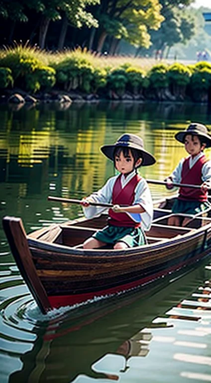 Dragon Boat Festival, on the surface of the water there are 3 children wearing Hanfu rowing the dragon boat, There are delicious zongzi on the boat, green zongzi are Super detalhado, a melhor qualidade, there are lotus leaves in the water, Super detalhado