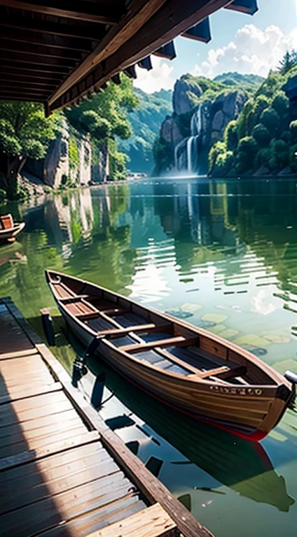 Dragon Boat Festival, on the surface of the water there are 3 children wearing Hanfu rowing the dragon boat, There are delicious zongzi on the boat, green zongzi are Super detalhado, a melhor qualidade, there are lotus leaves in the water, Super detalhado