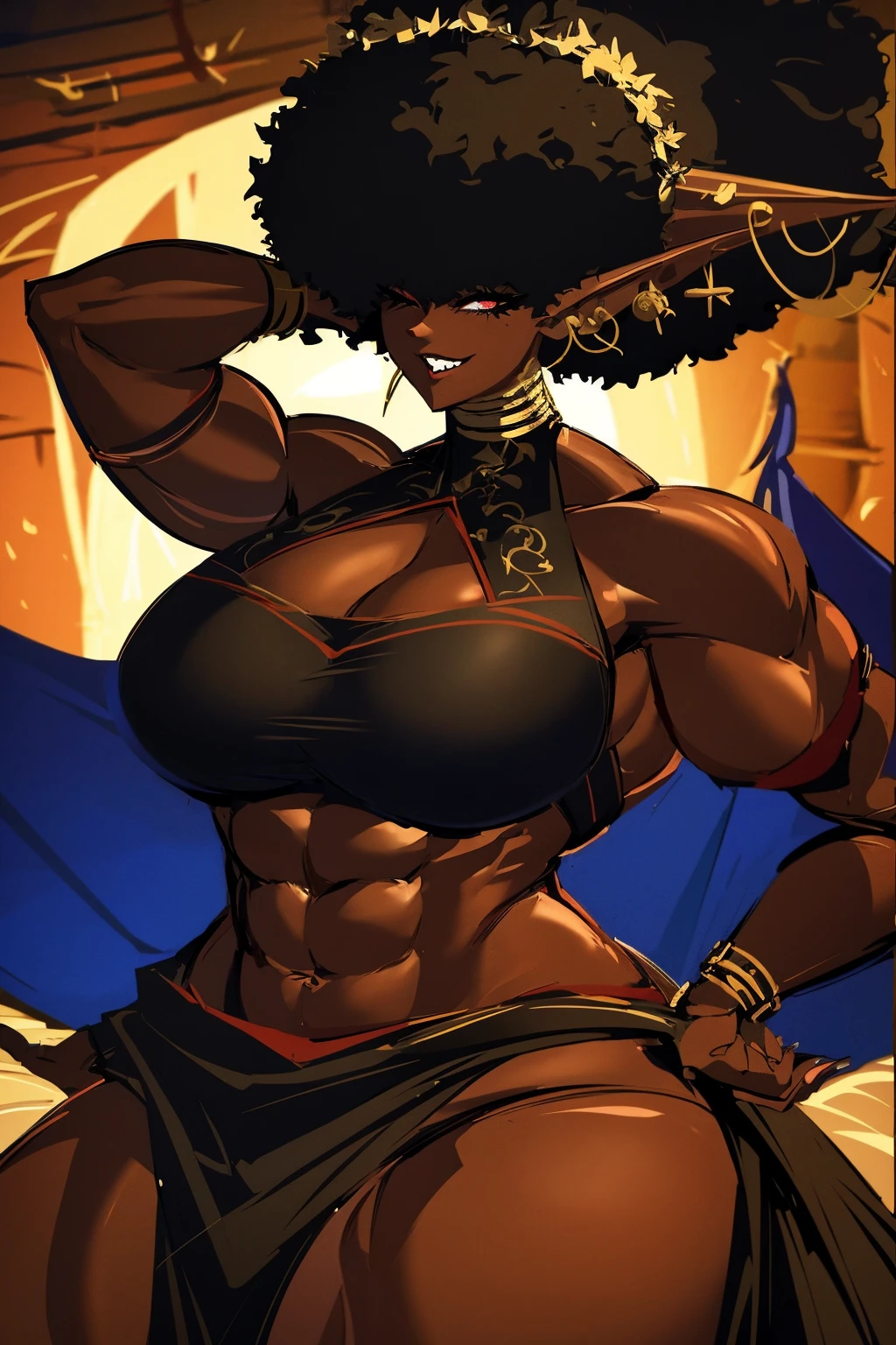 (masterpiece, best quality:1.2),1 girl, voluptuous body, full body, masterpiece, dominant pose, good anatomy, no extra limbs, big ass, thick thighs, black hair, voluminous afro, pointy ears, gold earrings, black top with red details, black skirt with red details, gold necklaces. while hips huge ass hair covering eyes no eyes