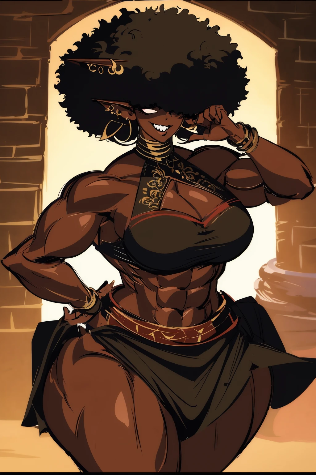 (masterpiece, best quality:1.2),1 girl, voluptuous body, full body, masterpiece, dominant pose, good anatomy, no extra limbs, big ass, thick thighs, black hair, voluminous afro, pointy ears, gold earrings, black top with red details, black skirt with red details, gold necklaces. while hips huge ass hair covering eyes no eyes