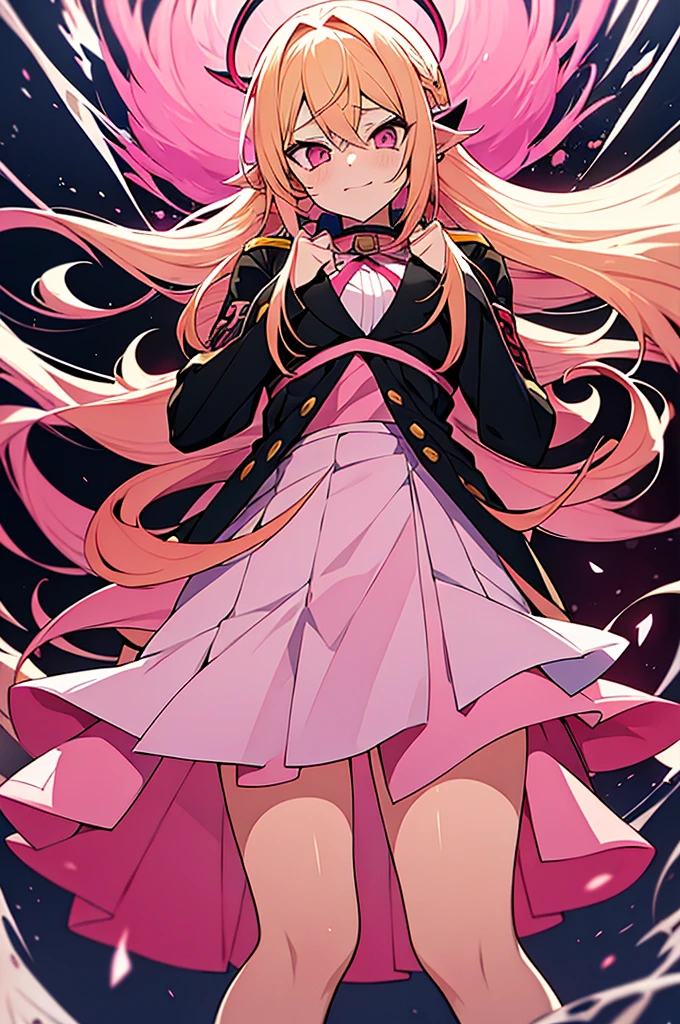 Image Anime Demon Slayer Version, A girl with yellow hair with pink tips wearing the typical Slayer uniform but with a long skirt open to the legs on both sides., no tiene mucho pecho, On the shoulders it is open like the Slayers have sweaters because theirs is white with pink tones, su catana es una barra con muchas cuchillas, His breath is that of pink fire 
