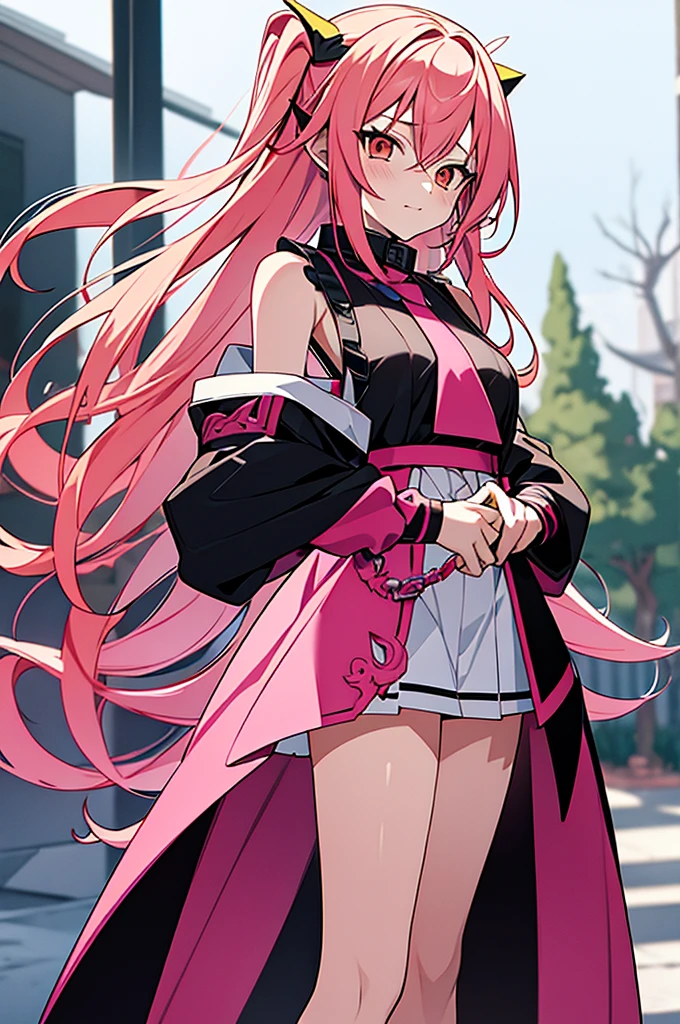 Image Anime Demon Slayer Version, A girl with yellow hair with pink tips wearing the typical Slayer uniform but with a long skirt open to the legs on both sides., no tiene mucho pecho, On the shoulders it is open like the Slayers have sweaters because theirs is white with pink tones, su catana es una barra con muchas cuchillas, His breath is that of pink fire 
