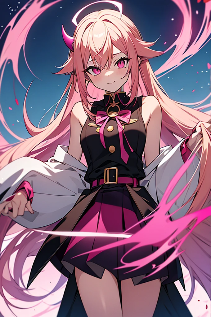 Image Anime Demon Slayer Version, A girl with yellow hair with pink tips wearing the typical Slayer uniform but with a long skirt open to the legs on both sides., no tiene mucho pecho, On the shoulders it is open like the Slayers have sweaters because theirs is white with pink tones, su catana es una barra con muchas cuchillas, His breath is that of pink fire