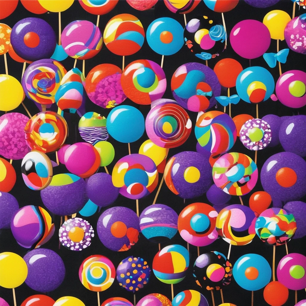 Black background with lips and lollipop pattern, Pop art motifs, Detailed pattern pop art, lisa frank style, lisa frank style, repeating fabric pattern, pop art cartoon style, Purple Polsan Pop Art, Pop Art Masterpiece, graphic printing, Pop Art Style, Pop Art Style, Avant-garde pop art, plush lips