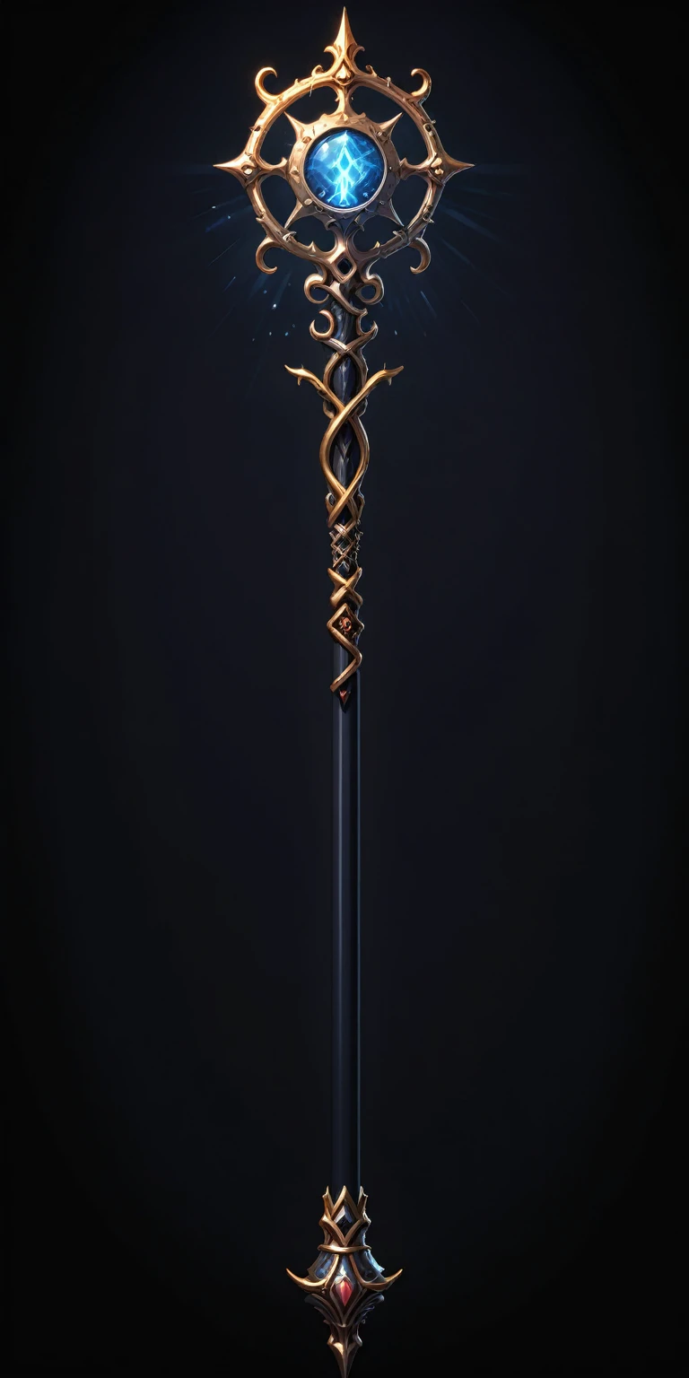 pixel art, cartoon illustration, Divine glavie greatstaff, Powerfull Magical theme, simple black background, RPG game icon 
