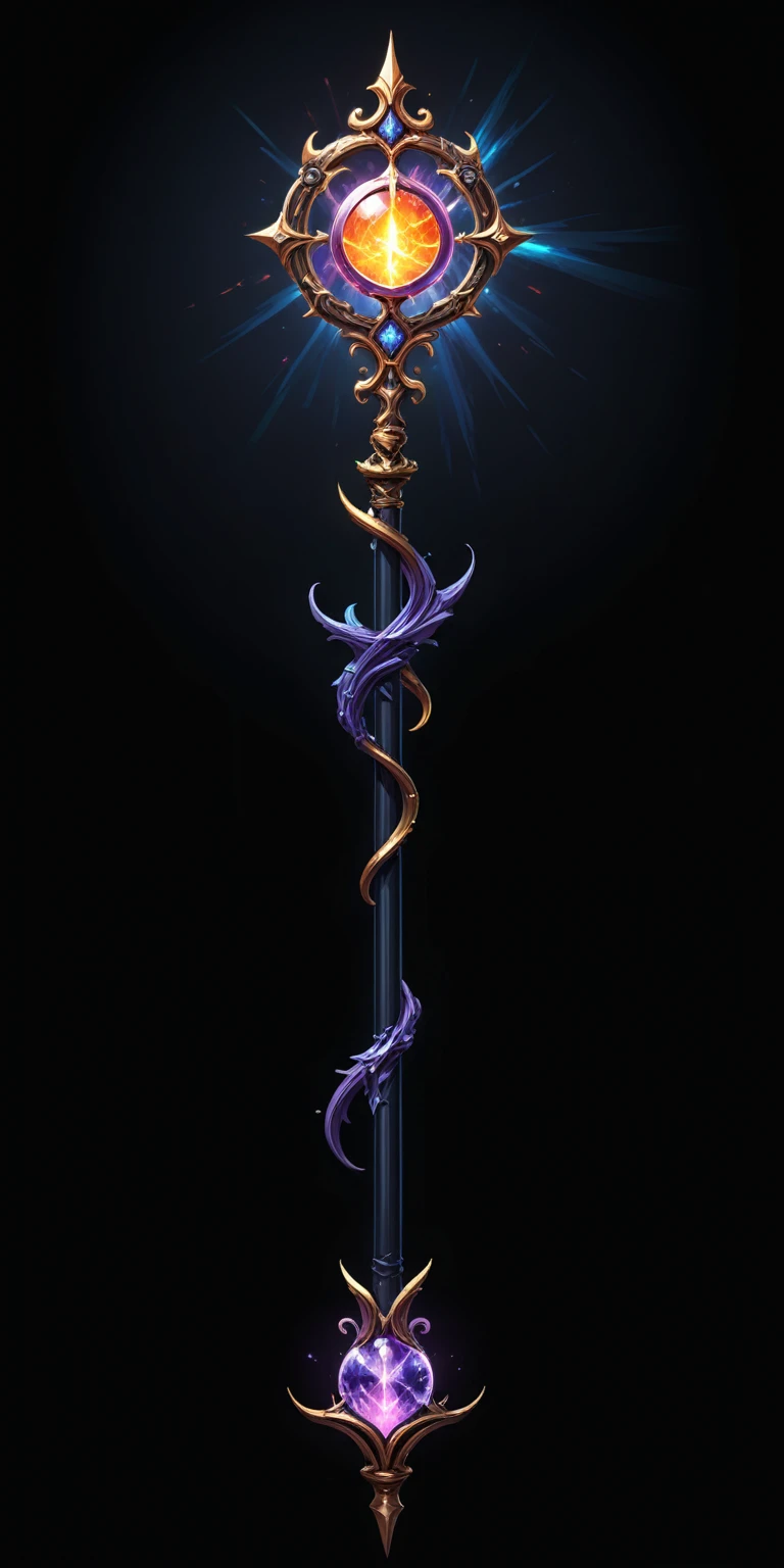 pixel art, cartoon illustration, Divine glavie greatstaff, Powerfull Magical theme, simple black background, RPG game icon 