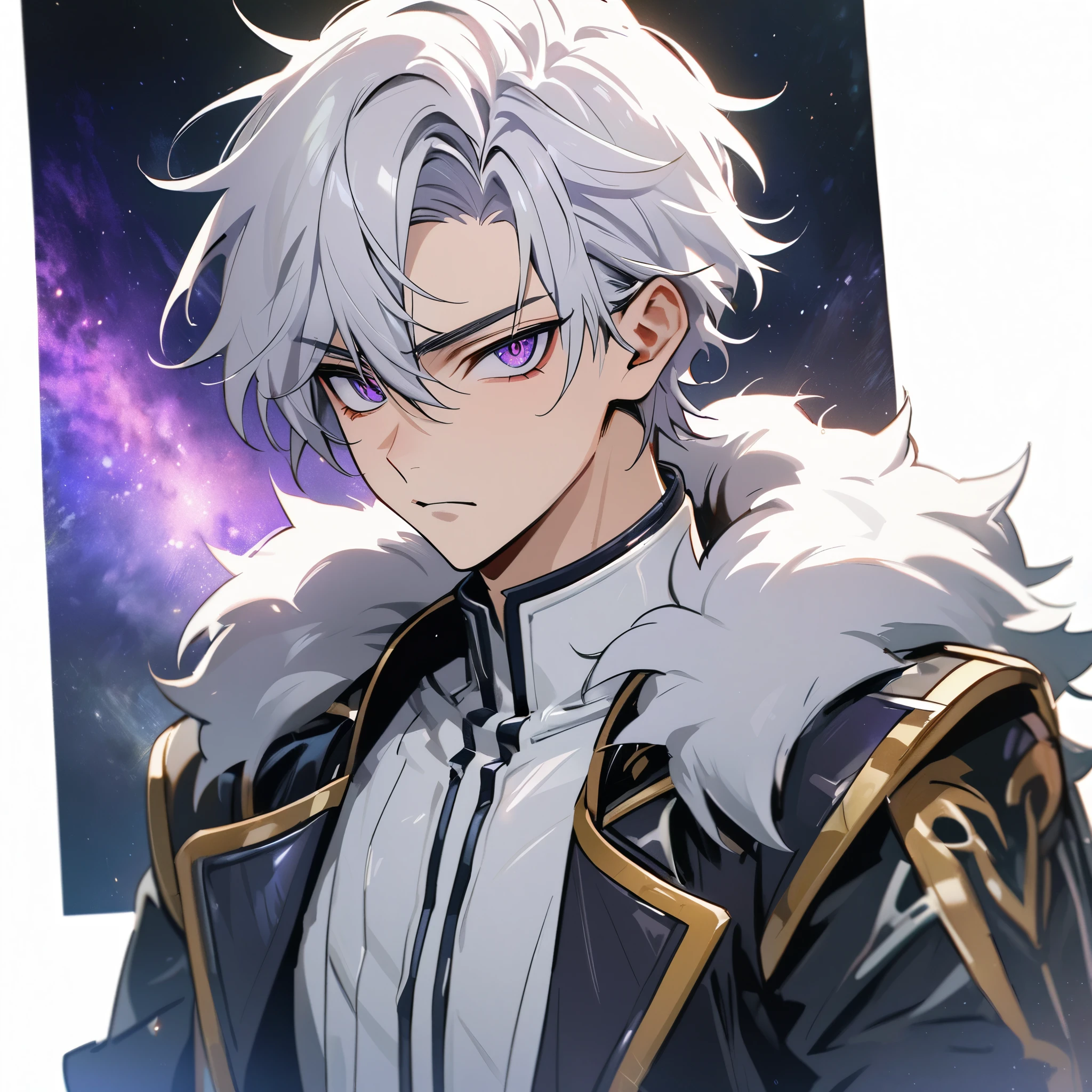 High quality, HD, 4k, handsome male, 1male, , teenager, go lining, short white hair, sharp eyes, dark purple eyes, deep purple eyes, devil may cry, close up, calm expression, stoic expression, black leather clothes, white leather clothing, lean body, upper body, looking at viewer, cowboy shot, white solar, space background