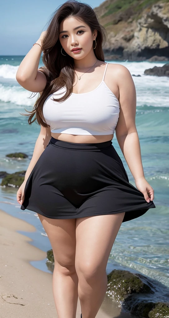 Beautiful fat woman standing by the sea