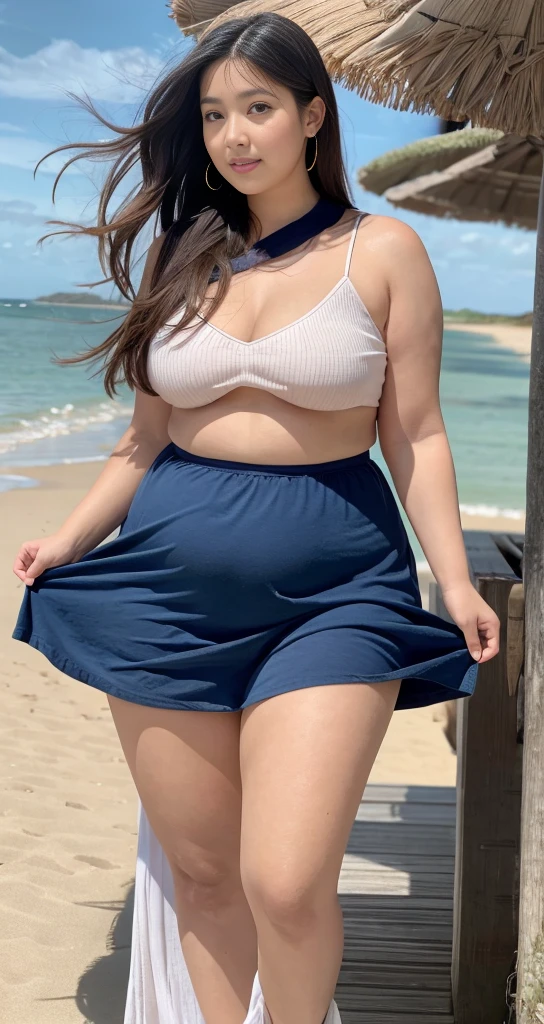 4K, (masterpiece), Highest quality,, ((NSFW:0.9)), (Unbuttoned shirt),Shorts, (Big Breasts), Nipples, Long brown hair, blue eyes, smile, Full Height, Clear Eyes, Black eyelashes, (Complex and detailed), dramatic, trend,Full Body Shot,Centered,Wild feeling,Ocean