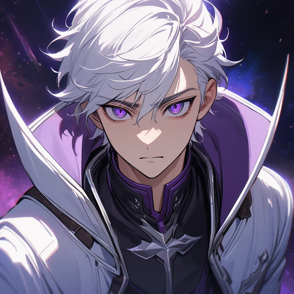 High quality, HD, 4k, handsome male, 1male, 17 years old, teenager, golden lining, short white hair, sharp eyes, dark purple eyes, deep purple eyes, devil may cry, close up, calm expression, stoic expression, black leather clothes, white leather clothing, lean body, upper body, looking at viewer, cowboy shot, white solar, space background