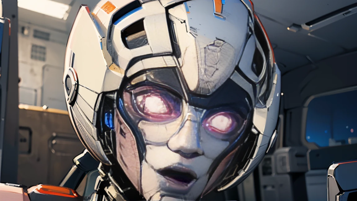 ROTB_Arcee, 1 chica, sonrisa, robot, mecha, (ojos brillantes:1.2), face reference, face focus, frontal de cara, retrato, referencia de cara, de frente , mirando al espectador. viendo de frente, cara completa, formato de busto