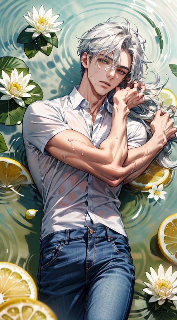 (absurdres, highres, ultra detailed), 1 male, handsome, tall muscular guy, mature, (The pond is filled with lemon slices and white flowers), A man lying on back comfortably in it, from directly above, (white shirt, jeans), wet, colorful, artistic, depth of field, focus on his face,calm facial features, lemon slices around face