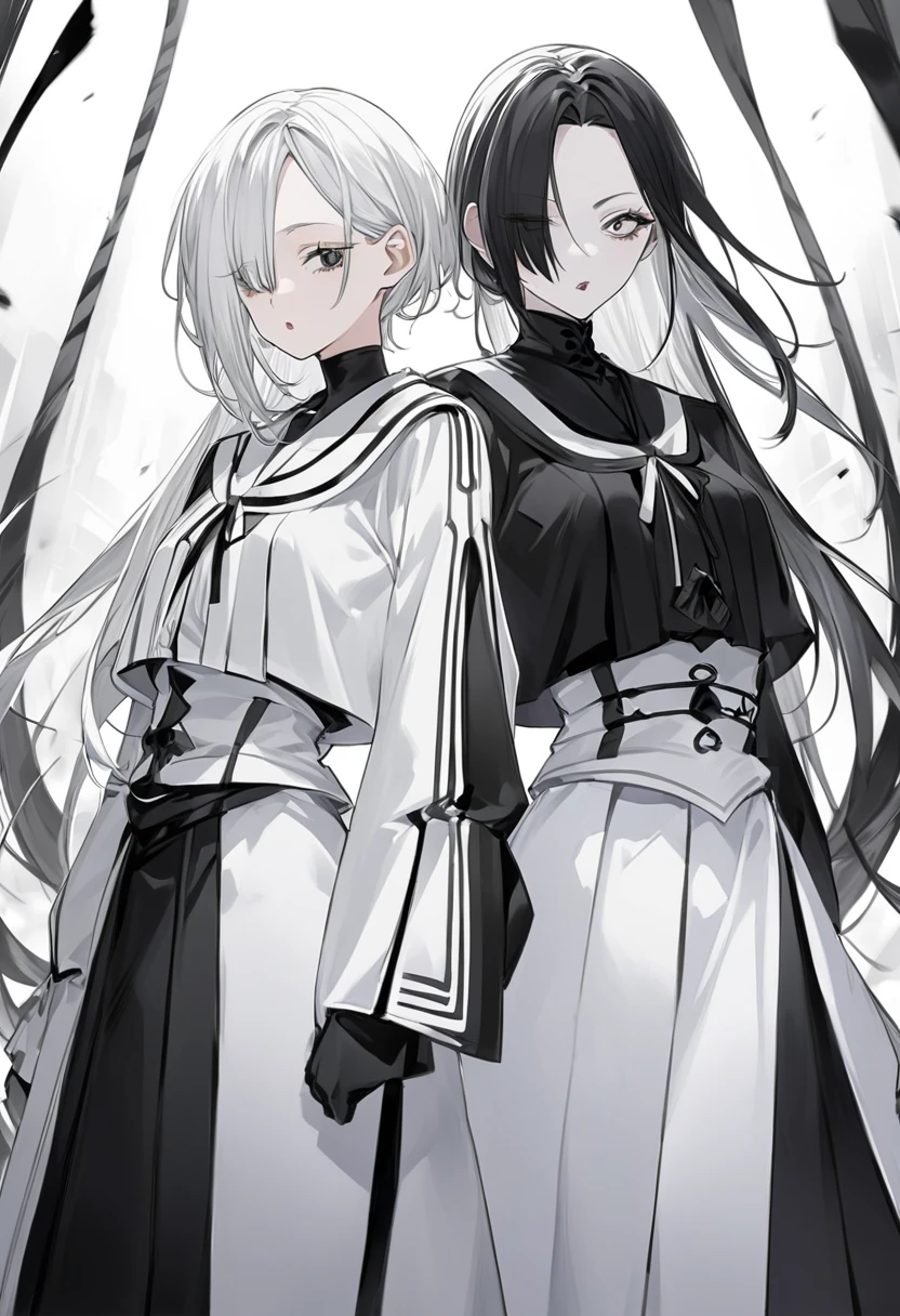 Anime Style、(ひとりのGirl)、Black and White、Black and White、A lot of black、Lots of black、Girl、(黒色と白色のGirl)、黒と白のGirl、Black and white hair、Half black, half white、Half black, half white hair、Black and white mixed、Black and white mixed、黒と白が混じったGirl、Black and White Incarnation、((A personification of black and white))、Black and white embodiment、Black and white personification、Right Meguro、Black right eye色、Black right eye、Left eye white、White left eye色、White left eye、Black right eye、White left eye、one piece、skirt、Black and white outfit、(((Black and white clothes)))、(((Black and white clothes)))、Quiet personality、Gives a sense of mystery