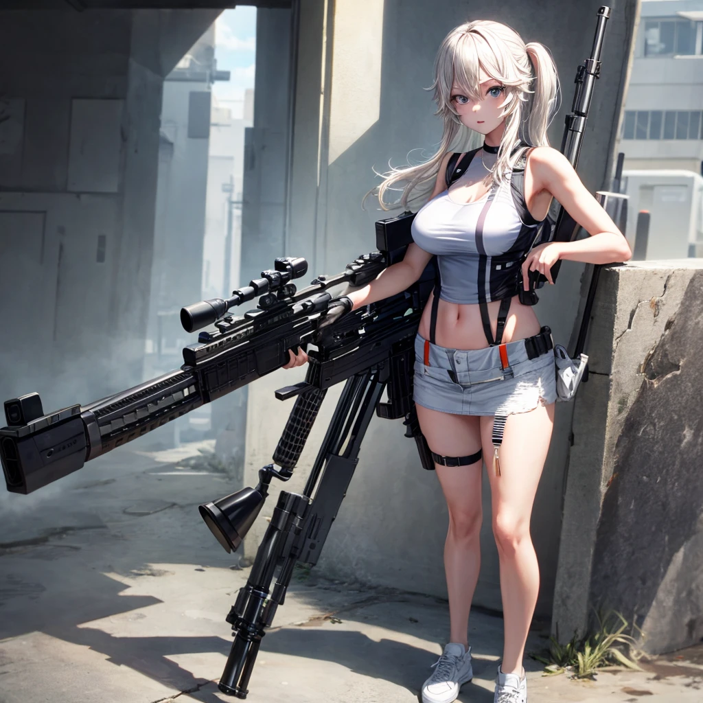 solo、full-body portraits、sleeveless、White-colored skin，Large Breasts,Sniper rifle，Magnum
