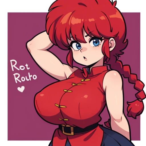 Ranmachan, Cabello rojo, Cabello con trenza, pechos muy grandes, pechos rebotando, pose vulgar, senos grandes, senos abultados, bulto de senos,