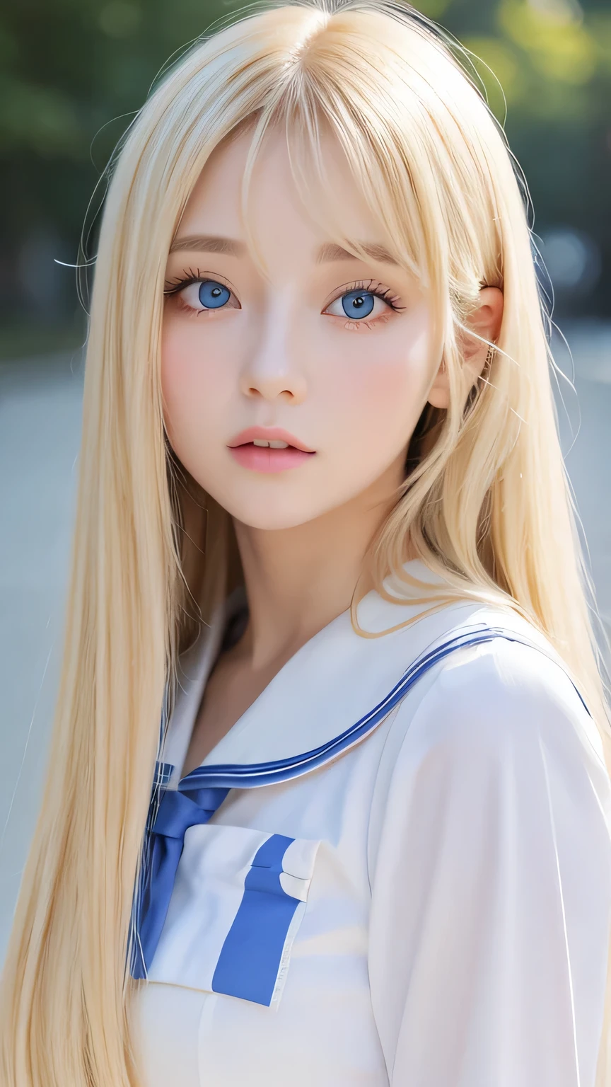 Beautiful pretty face girl、beautiful blonde straight super long hair、Half Body Shot、Beautiful long bangs、Very beautiful, bright, pale sky blue eyes、Very big eyes、Blonde hair between the eyes、Round face、Blonde hair above the eyes、片Blonde hair above the eyes、、Sailor suit、Very white and young skin、Cheek gloss、Cheek highlighter、Small Face Beauty