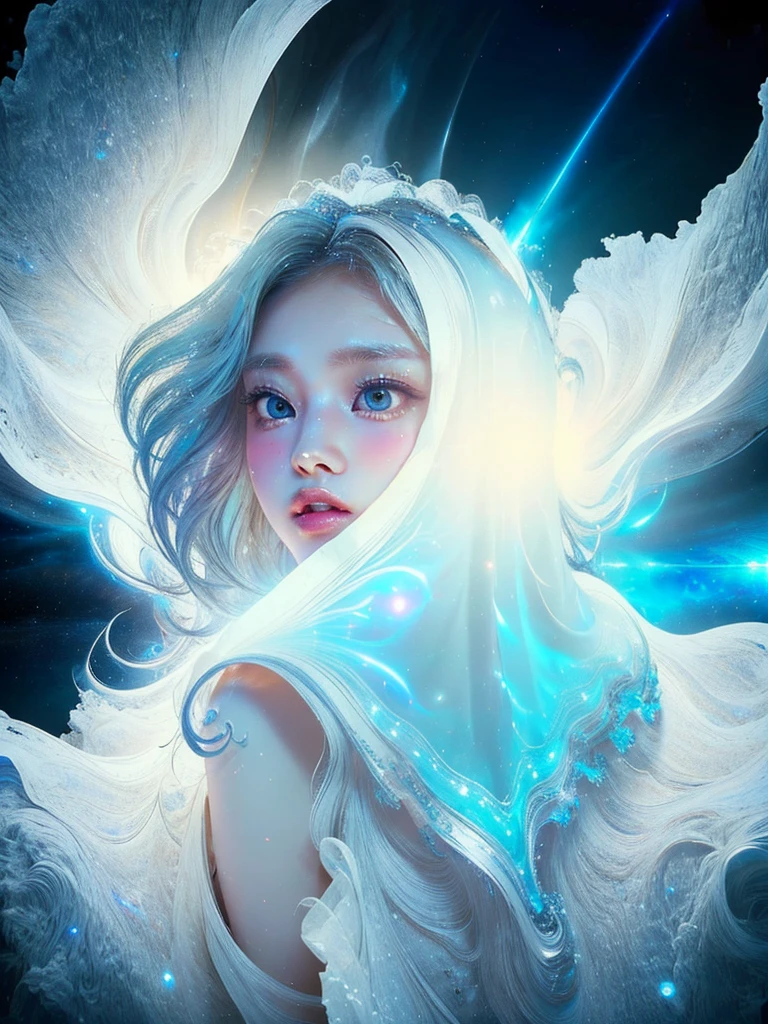 4K Ultra HD, masterpiece, A girl with a magical aura, Nice face, Long Hair, Shiny Hair, Fine grain, Glossy lips, Nude 1.5, Aura around the body, Magical Effects, Spreading white light, Cosmic elements and ethereal atmosphere, A mix of bright lights and colorful nebulae, Space Background,, Full Body Capture.(((Whitening 1.5)))、Silver Hair、(((Wearing white cloth 1.5)))、Hair and fabric fluttering in the wind、、Full Body Shot、Open your mouth、(((1.5)))、