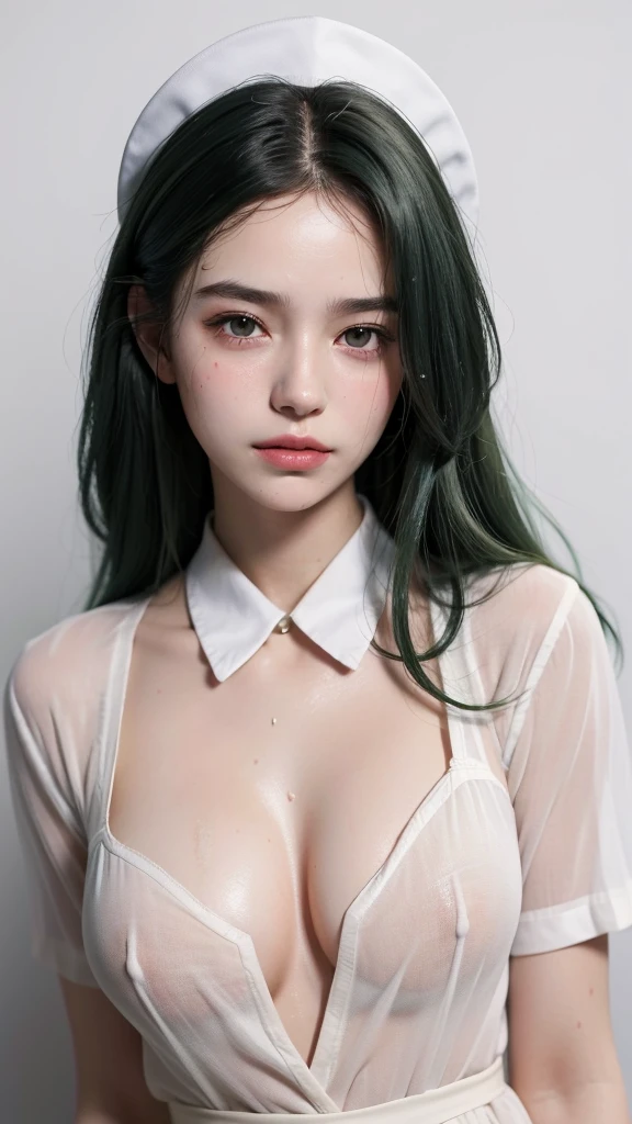 best quality, masterpiece, (lifelike:1.4), 1 17 year old girl, A faint smile, Dark green hair，White nurse uniform，Nipple protrusion，Wet，A lot of sweat，Marks，blushed skin，/Upscale，Height 175cm，Natural beautiful face，slim body，Pure white background，Fair and rosy skin，Messy Curls