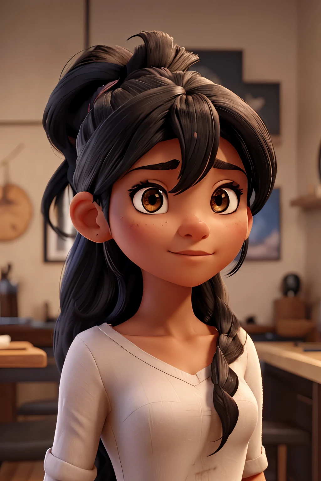 Black haired woman with a scar over her eye. Her long hair is kept up in a ponytail with face framing bangs.