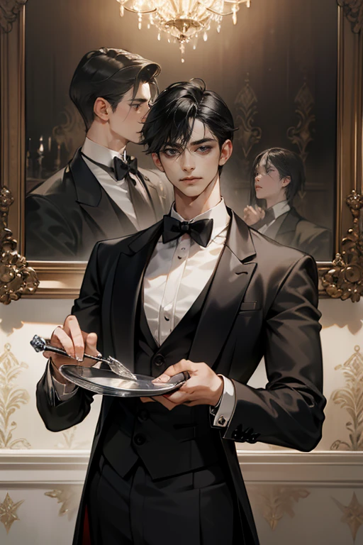 (1boy, handsome male, perfect male body), High quality, Best Quality, ultra-detailliert, dynamicpose, Portraits, smiling, black hair, short hair, (Butler, butler uniform, black tuxedo, holding tray in hands),Standing in a luxurious room, Ray tracing, dramatic shadows, Highly detailed fine art, Detailed Metal Jewelry, dramatic compositions, Cinematic lighting, finely detailed beautiful eyes and detailed face, delicate portrayal of facial features,Highly detailed fine art