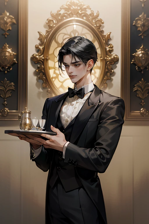 (1boy, handsome male, perfect male body), High quality, Best Quality, ultra-detailliert, dynamicpose, Portraits, smiling, black hair, short hair, (Butler, butler uniform, black tuxedo, holding tray in hands),Standing in a luxurious room, Ray tracing, dramatic shadows, Highly detailed fine art, Detailed Metal Jewelry, dramatic compositions, Cinematic lighting, finely detailed beautiful eyes and detailed face, delicate portrayal of facial features,Highly detailed fine art