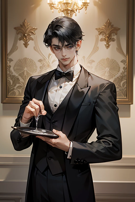 (1boy, handsome male, perfect male body), High quality, Best Quality, ultra-detailliert, dynamicpose, Portraits, smiling, black hair, short hair, (Butler, butler uniform, black tuxedo, holding tray in hands),Standing in a luxurious room, Ray tracing, dramatic shadows, Highly detailed fine art, Detailed Metal Jewelry, dramatic compositions, Cinematic lighting, finely detailed beautiful eyes and detailed face, delicate portrayal of facial features,Highly detailed fine art
