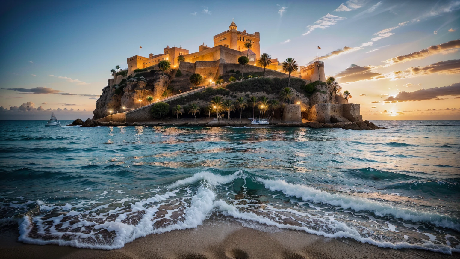 (Castell de Eivissa beach in Ibiza, Spain, background with water, yachts, boats, detailed architecture, people, vibrant atmosphere), (best quality,4k,8k,16k,Highest,masterpiece:1.2),(realistic,photorealistic,photo-realistic:1.37), (extremely detailed CG unit, 16k wallpaper), 16k UHD, 16k HDR, Fujifilm XT3 sharp focus, professional lighting, vivid colors, intricate details, film grain, Fujifilm XT3 realistic painting art, f5.6, physically-based rendering, natural lighting, cinematic lighting ,dramatic lighting, professional, dynamic movement, colorful lighting, vibrant colors, studio lighting, professional photography, cinematic composition, symmetrical framing, landscape,