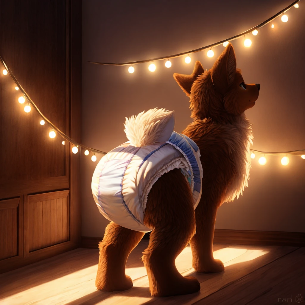 furry, beautiful lights and shadows, ambient light, ultra detailed fur, volumetric light, diaper, penis, cum