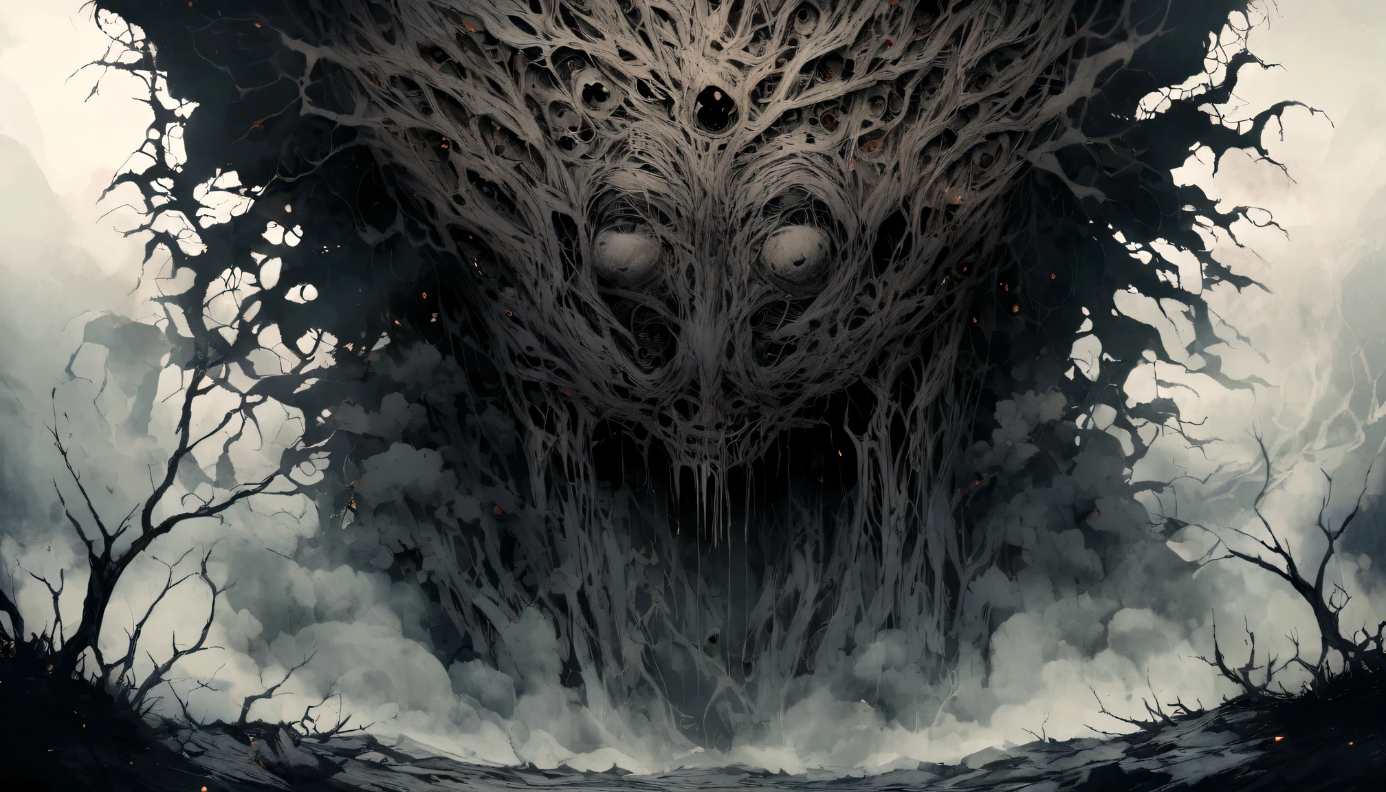 dream black horror vibes, foggy, no human, only vibes