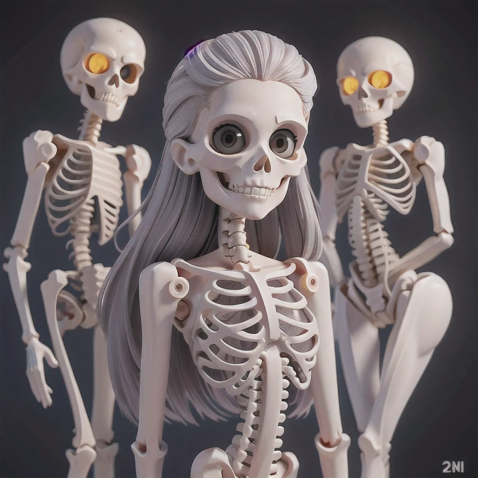 skeleton with flower in hair standing against grey background, anatomically correct skeleton, skeleton girl, skeleton, skelleton, skeletal, half woman half skeleton, anatomically accurate skeleton, thin skeleton, skull bones flowers, fleshy skeletal, titanium skeleton, cute skeleton, fleshy skeletal body, flowers grow from the body, human skeleton, female death, highly detailed skeleton