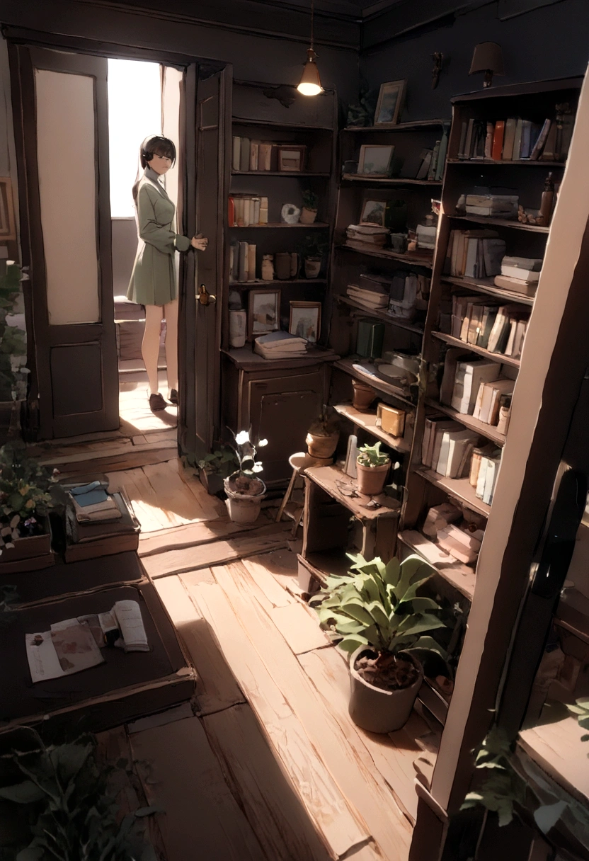 (best quality, 4k, 8K, high resolution, masterpiece: 1.2), Very detailed, (nobody: 1.5), Outside the door，Open door，卧室Outside the door， indoor，cozy indoor, lamp, bookshelf, Potted plants