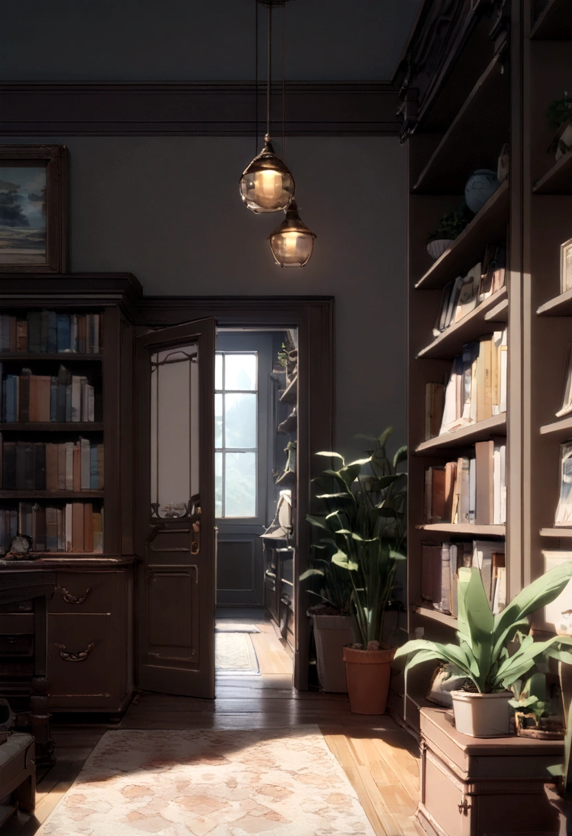 (best quality, 4k, 8K, high resolution, masterpiece: 1.2), Very detailed, (nobody: 1.5), Outside the door,Open door,卧室Outside the door, indoor,cozy indoor, lamp, bookshelf, Potted plants