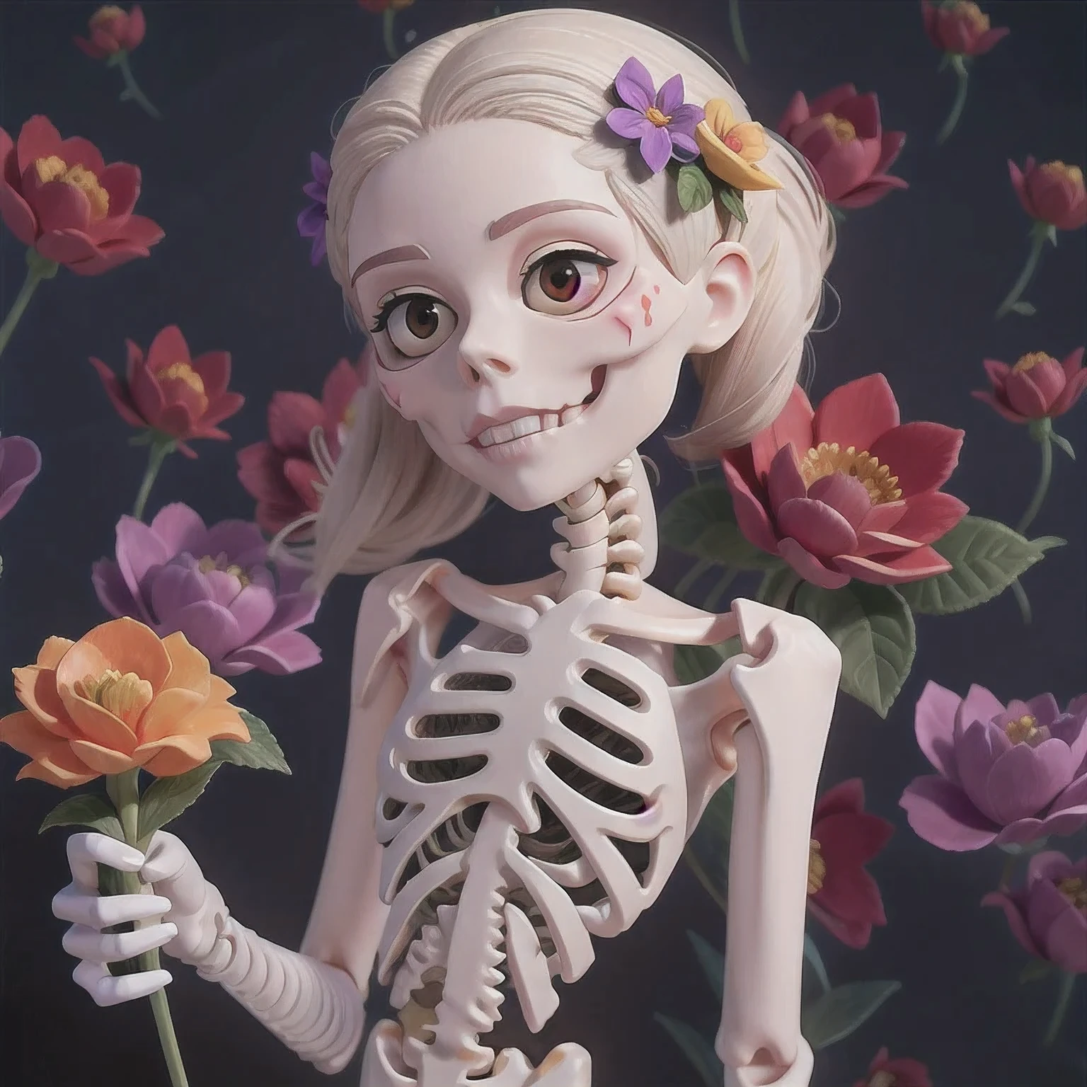 skeleton with flower in hair standing against grey background, anatomically correct skeleton, skeleton girl, skeleton, skelleton, skeletal, half woman half skeleton, anatomically accurate skeleton, thin skeleton, skull bones flowers, fleshy skeletal, titanium skeleton, cute skeleton, fleshy skeletal body, flowers grow from the body, human skeleton, female death, highly detailed skeleton