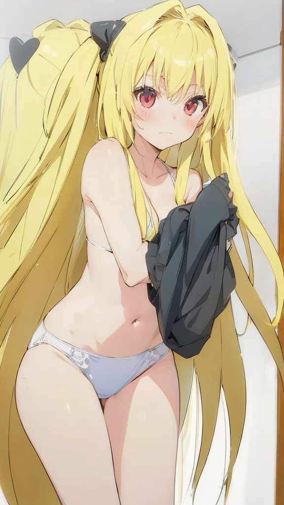 an anime cartoon girl in a bikini holding a glove and a knife, konjiki no yami, long hair, 1girl, underwear, blonde hair, , solo, topless, very long hair, red eyes, blush