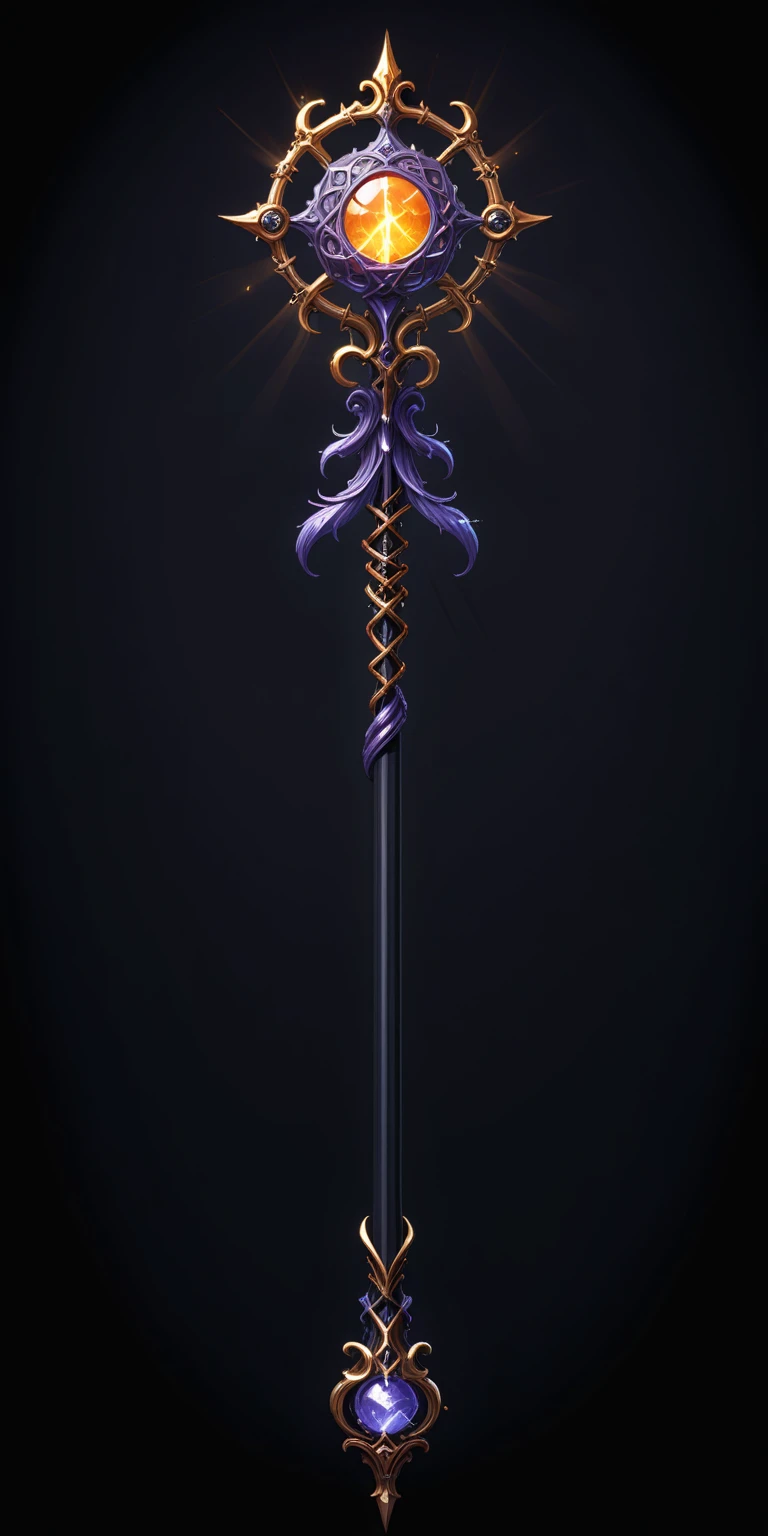 pixel art, cartoon illustration, Divine glavie greatstaff, Powerfull Magical theme, simple black background, RPG game icon 
