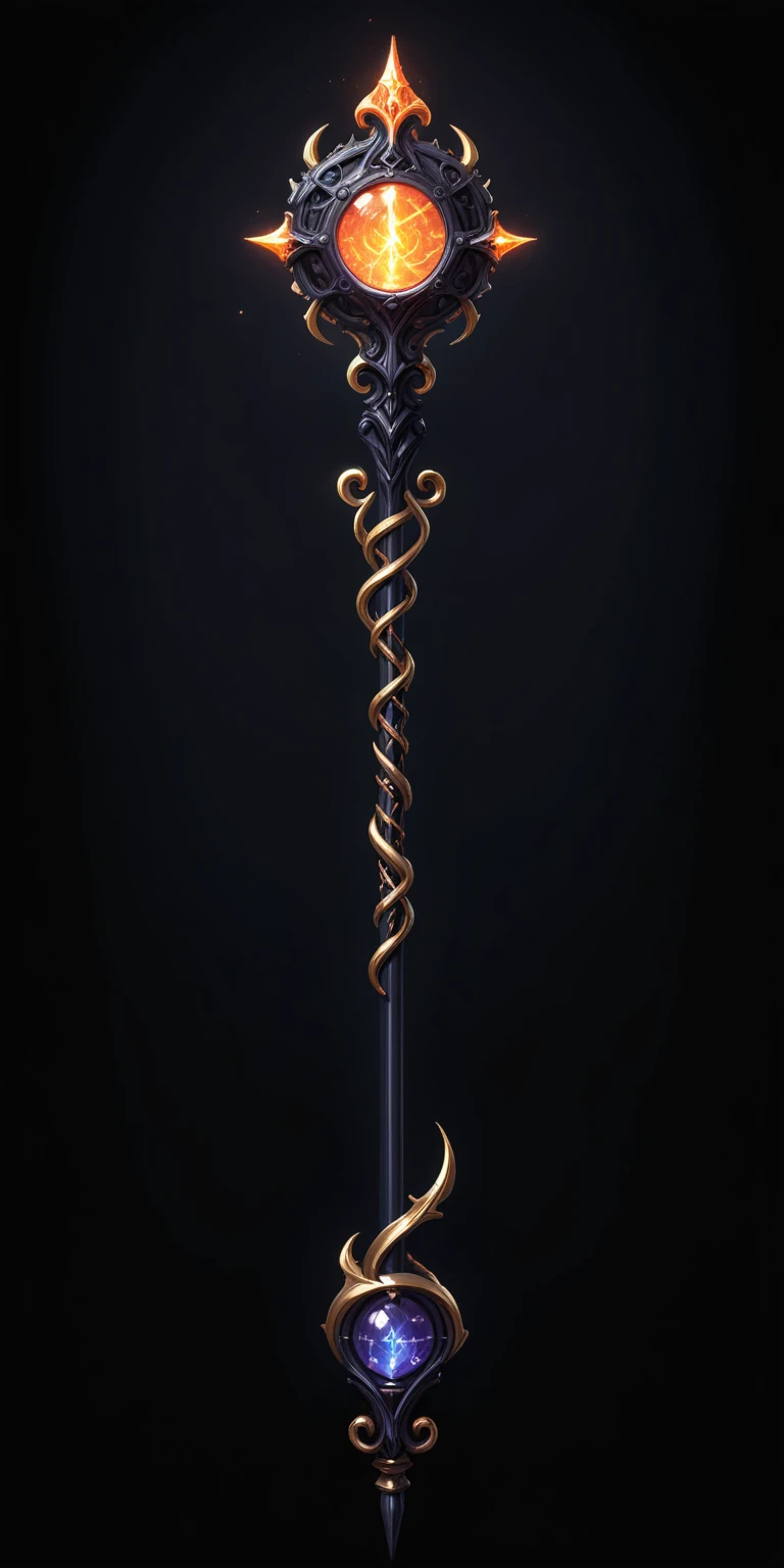 pixel art, cartoon illustration, Divine glavie greatstaff, Powerfull Magical theme, simple black background, RPG game icon