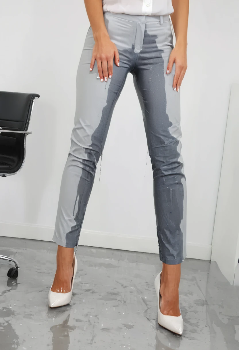 attractive redhead woman wearing blue dress pants, high heel pumps, white blouse, standing in an office,  wetting, big smile, pee stains are gleaming wet, pants really soaked with pee