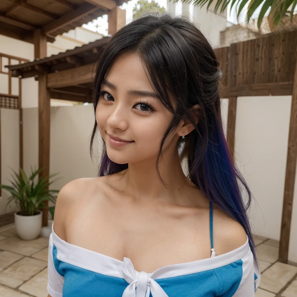 (obra maestra), (mejor calidad), (ultra detallado),(pelo despeinado),(ILLUSTRATION), (1 chica), de pie, sonriente, Hermosos ojos detallados, ojos azul claro, cara hermosa detallada, (kamisato ayaka: 1.2), centrarse en la cara, cola de caballo, kamisato ayaka(impacto genshin), pelo azul claro, cabello detallado, golpes, mejor iluminacion, mejor sombra, muy detallado, vibrante, desnuda