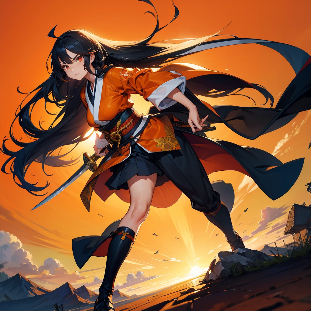 Dynamic composition、((Perspective Lens, Woman with long hair, Dynamic poses with serious and mean expressions, Two hands brandishing a large, long Japanese sword )) ((Pure Orange Background:1.2)),Anime Style、Detailed eyes、Looks like she's in her early 20s,Shooting in mid-motion,With her long braided hair fluttering. Her outfit is reminiscent of a butterfly,Black and yellow color palette,Be playful.,Neon color line fractal art、