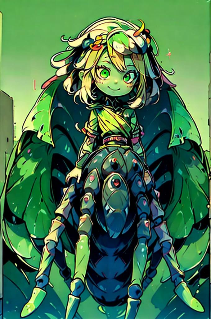 ((Masterpiece)), (((Top quality))), ((Ultra definition)), ((High quality face and limbs)), ((Arachne)), 1girl, sweet, kind, alone, young, soft, pure, semi human, monster musume, half spider body, spider legs, spider with big long legs and long arms, scary, bright blonde hair, very yellow hair, green skin, green clothes, dress of spiderwebs, green innocent eyes, flat chest, smiling with delight, arachnid style, main character, boss style, hades style, hadesstyle, hades2style, hades 2 style, Arachnea, silk weaver, Tartarus background, background with spider patterns, dragonfly background, dragonfly wings, moth antenas on head