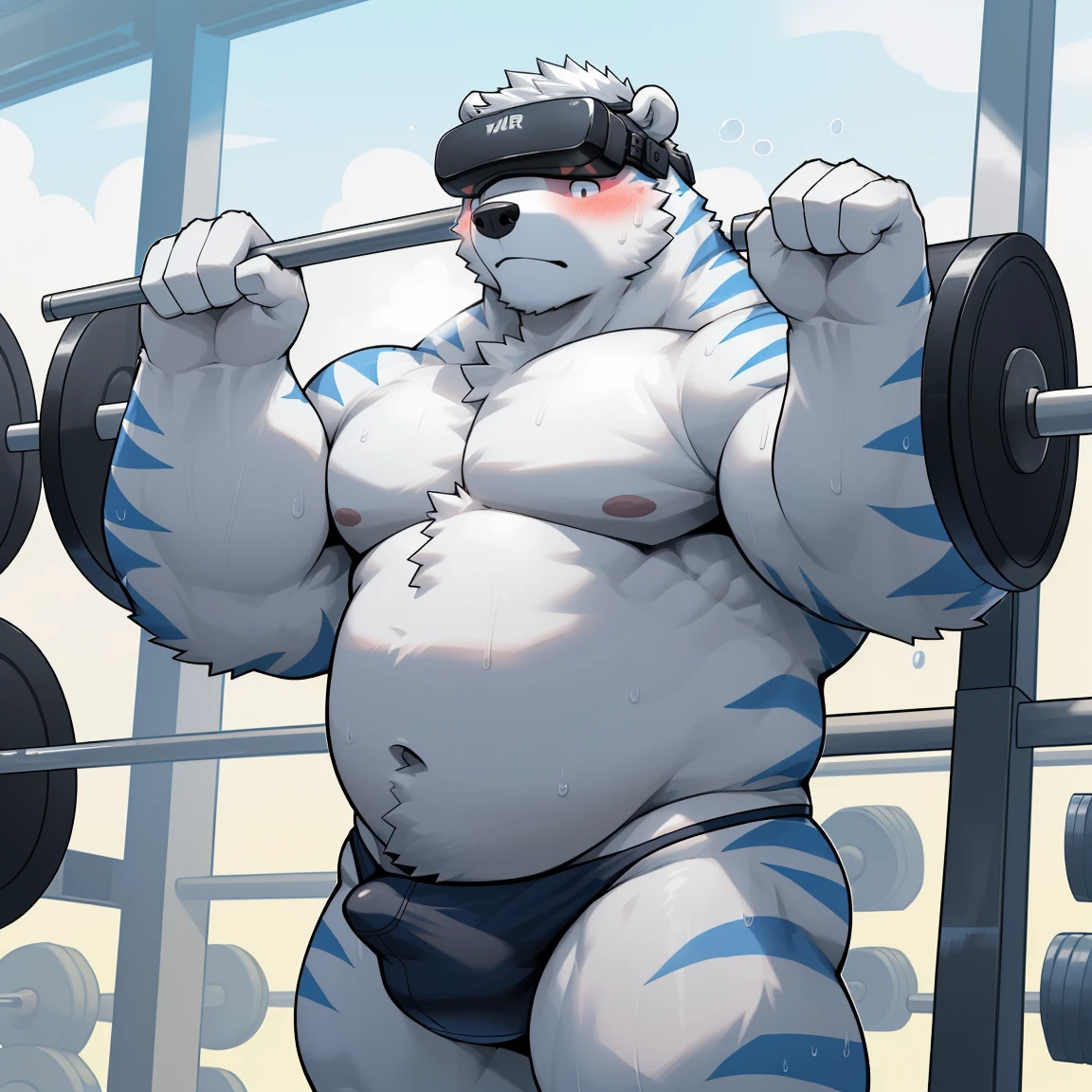 masterpiece, best quality, 8k resolution, Very detailed, hairy,(((polar bear)),(((Mature))),(((Strong))),(((White hair all over body))),portrait,(((White hair))),(((body blue stripes))),(((Gym))),For the audience,(((Holding a barbell))),Highest quality scene,Solitary,solitary,(((whole body))),(((Sweating))),(((Half-squatted))),(((thong))),(((Shirtless))),((Fat-enclosed muscle)),(((Shameful))),((Blushing)),(((Round face))),(((alone))),((VR glasses)),(((Strong body))),(((Hip bulge))),(((erectile)))