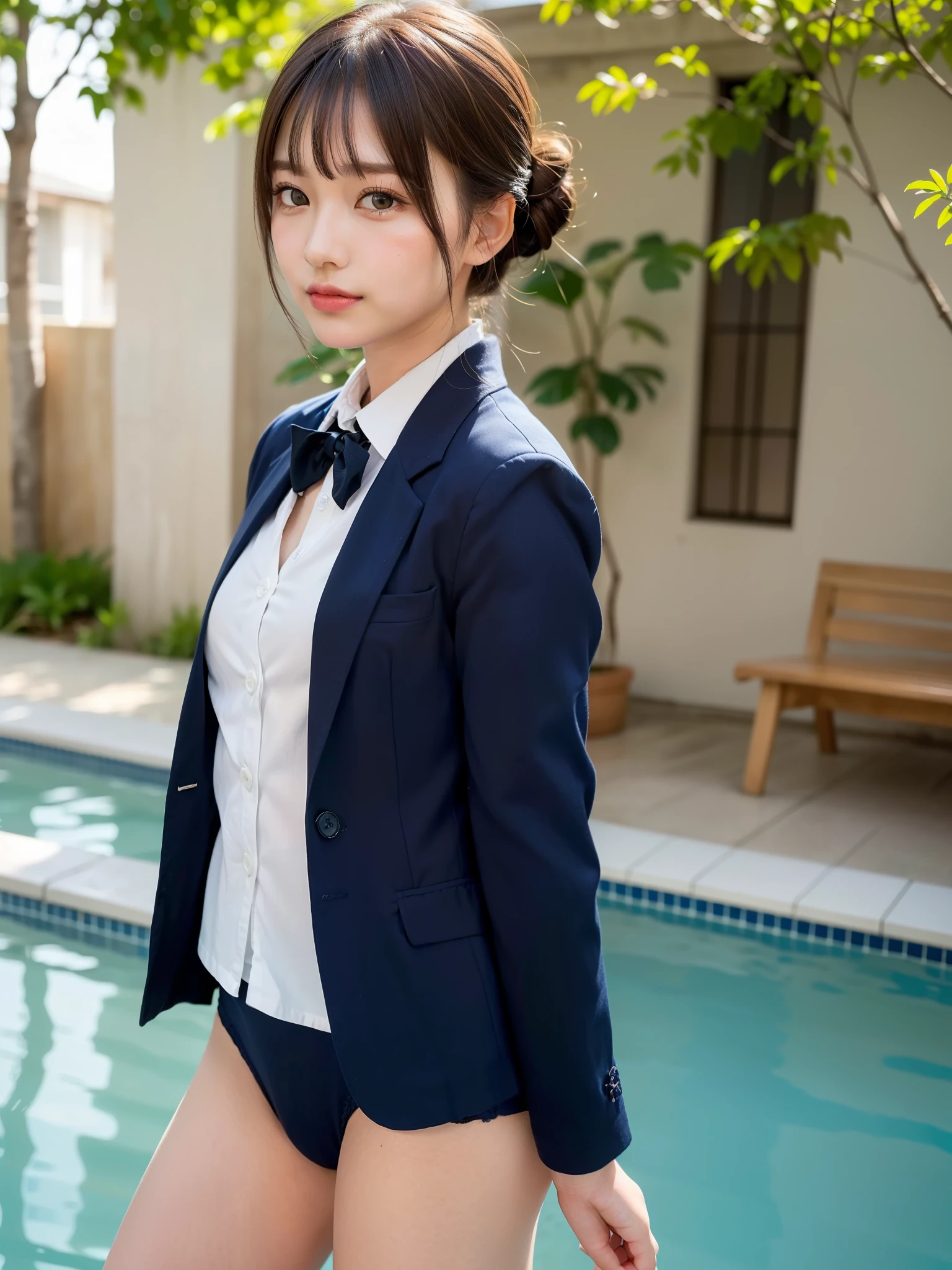 ((Best of the highest quality, 8k, Masterpiece: 1.3, raw photo)), Sharp focus: 1.2, (1 AESPA, slim body type female, 21 y/o: 1.1), (Solo: 1.2), (realistic, photo-realistic:1.37), face focus, cute face, finely eyes, (droopy eyes: 1.32), (Emphasize prominent aegyo-sal with bright: 1.2), shimmering eyeshadow applied under the lower lash line, paired with thick, (from behind: 1.16), (small breasts, flat chest, updo, Thigh: 1.3), (short bob, bangs: 1.2), (wearing navy blazer and shirt of school uniform, panties: 1.32), walking the pool, sun light, flower