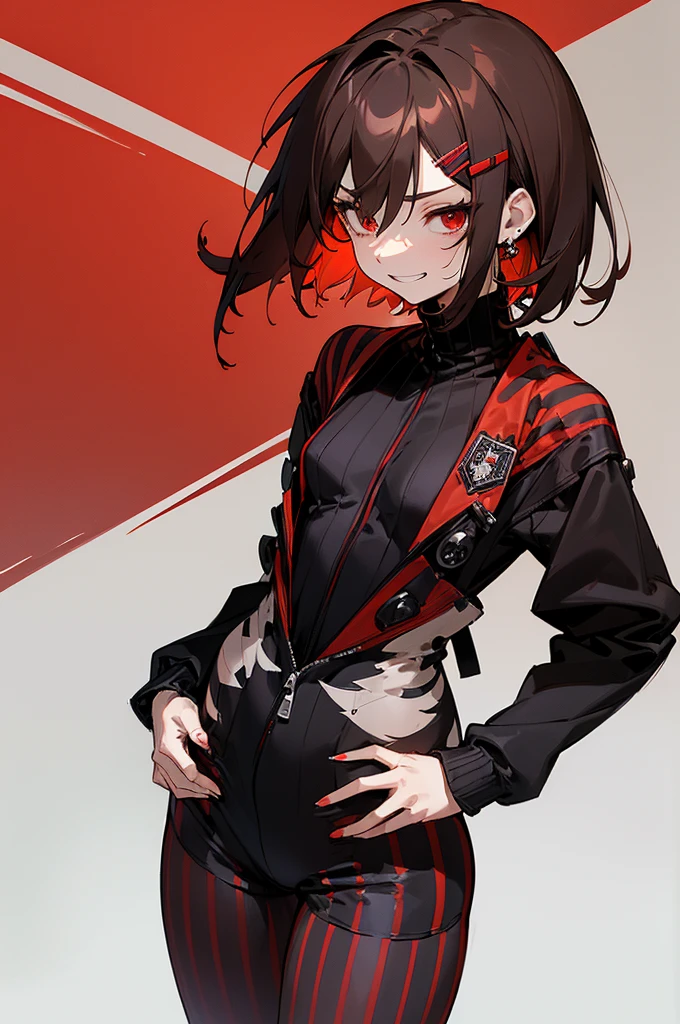 (masterpiece, sidelighting, finely detailed red eyes: 1.2), ((best quality)), ((masterpiece)), (highly detailed:1.3), anime, young girl, , childish body, ((black striped unitard)), turtleneck, open jacket with long sleeves, body tight shorts, pale skin, (shadowed eyes, darkened eyes), (smirk, mischevious grin), (short-medium hair, brown hair, messy haircut, hair between eyes, hairclips on left side), ((red tights with black vertical stripes)), earrings, red tatto on left hand, hands behind back, scar on left hip, solo, 1girl, walking down the street,
