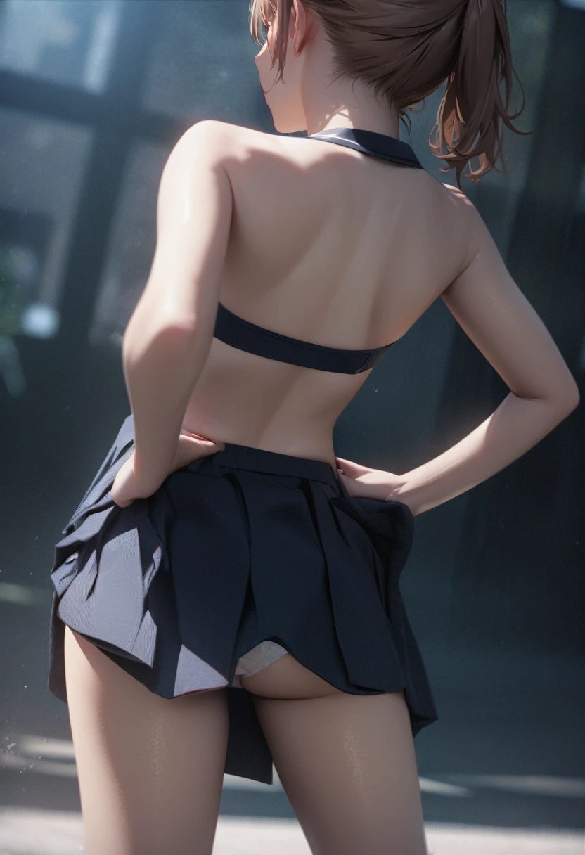Misaka Mikoto in Sailor suit, Back View, (Skirt flip, I can see her panties), UHD, retina, masterpiece, ccurate, anatomically correct, textured skin, super detail, high details, high quality, best quality, highres, 4K