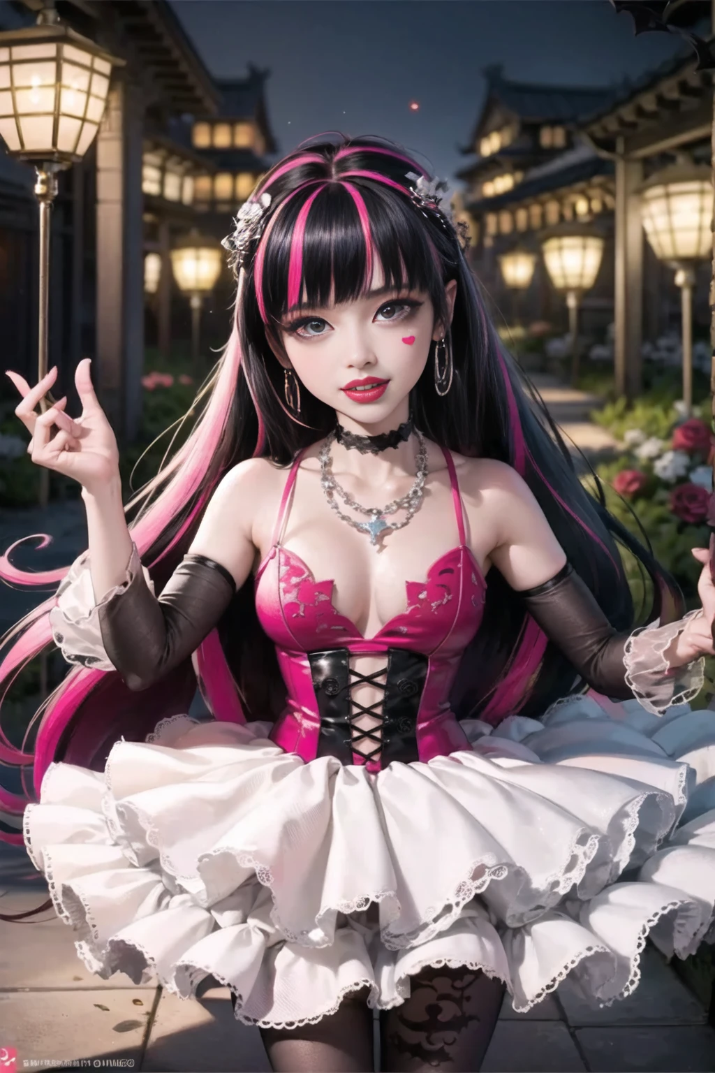 1 girl, a girl with bat wings on her back, perfectly hands, perfectly body, black choker, bat necklace, necklace, centered, bat jewelry, award winning upper body portrait, cowboy shot, (looking at viewer:1.2), |
Draculaura_MH, solo, black half hair, pink half hair, multicolored hair, long hair, ornamental Chinese hair, ornament hair, geisha style, tradicional chinese style, Chinese dress, pink details on the dress, white dress, pink knee boots, smiling, garden scenery, chinese lanterns, dark red roses on focus, Chinese lantern rite, temple, garden, depth of field, cinematic composition, ((high quality)), ((Work of art)), (more detail), half black hair, half soft pink hair, wave hair, pink heart in the eyes, smile, vampire fangs, bat wings, white dress, black dress with transparency, pink laces, black gloves, black high socks, high hills boots, bat jewelry, jewelry, seat on the grass, dark red roses on focus, Draculaura_(monster high), Monster High, looking at the viewer, more details on the clothes,
