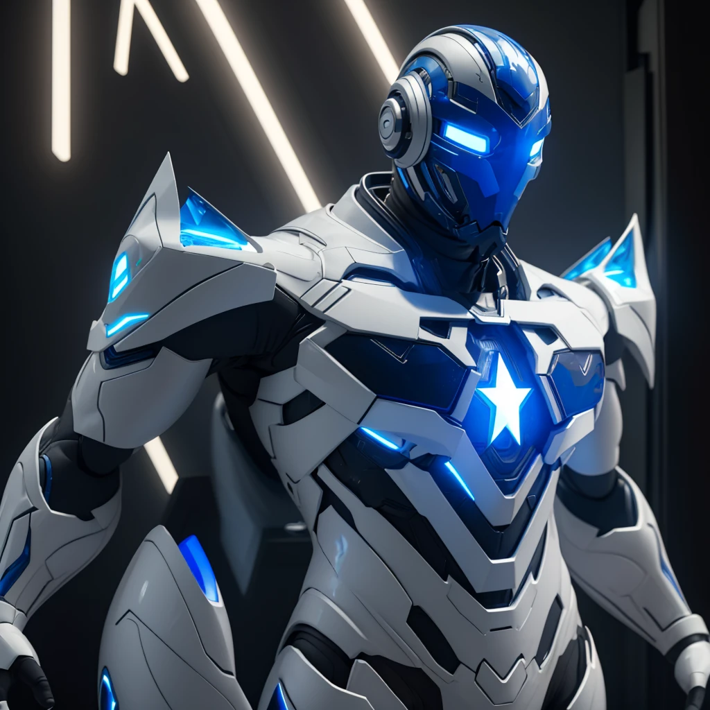 Dronificated unknown man in a fully enclosed white latex fullbody suit with blue lights across the suit and star shaped glowing core in the chest, fully enclosed cyber helmet that cover her whole face and hides his identity with a blue screen that has a white star, muscular, strong, in a storage, no face, no hair, no mouth, no eyes, (perfect anatomy)