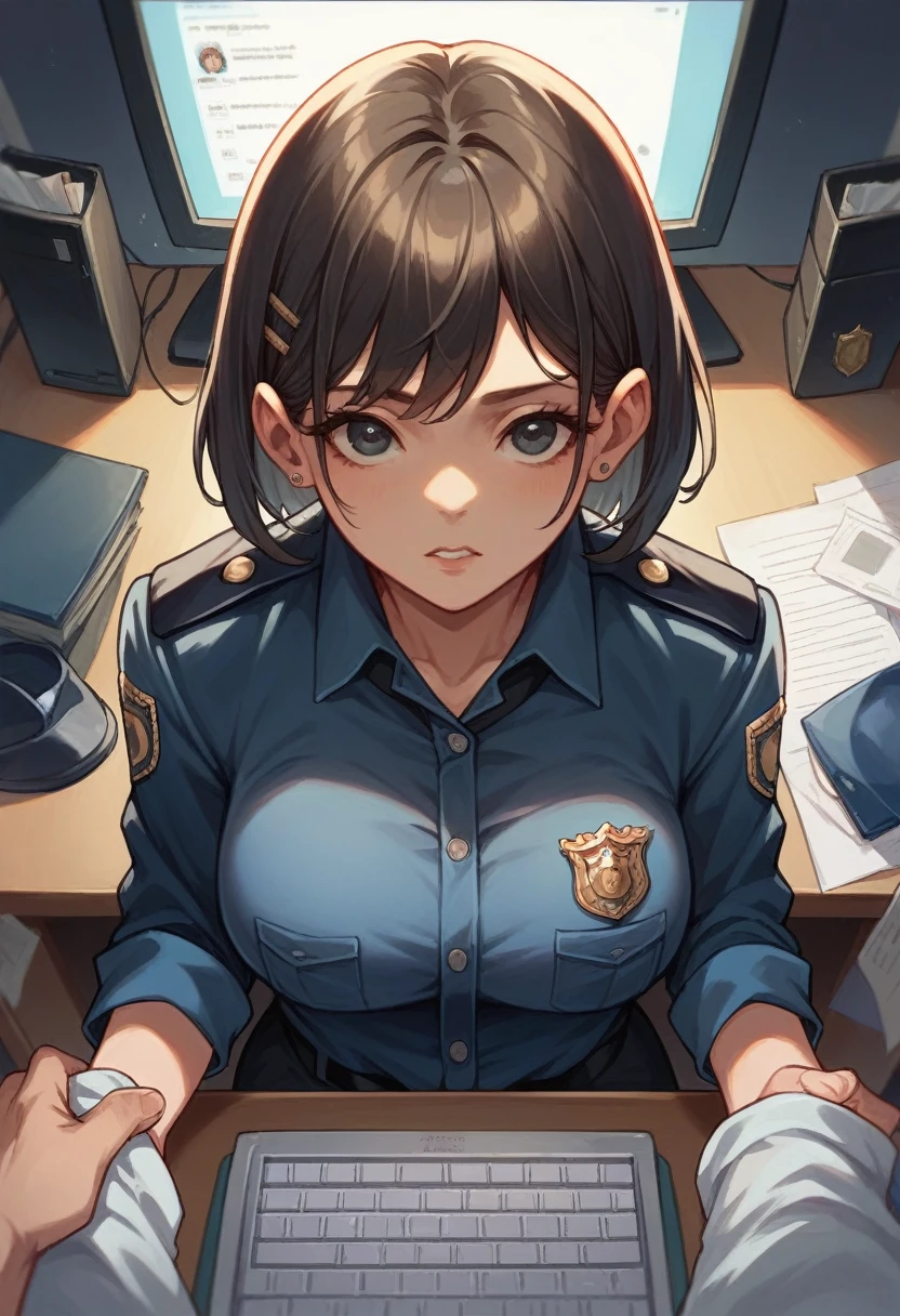 

Prompt : (POV). The beautiful (thailand) police woman with (bob hair), wear (black) uniform shirt, big , focus typing keyboard before monitor while sit in the office, surrounded by some officers