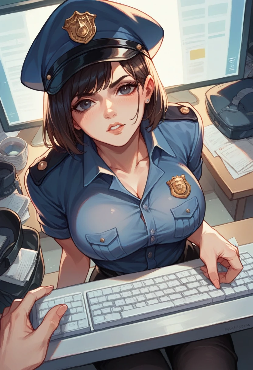 

Prompt : (POV). The beautiful (thailand) police woman with (bob hair), wear (black) uniform shirt, big , focus typing keyboard before monitor while sit in the office, surrounded by some officers